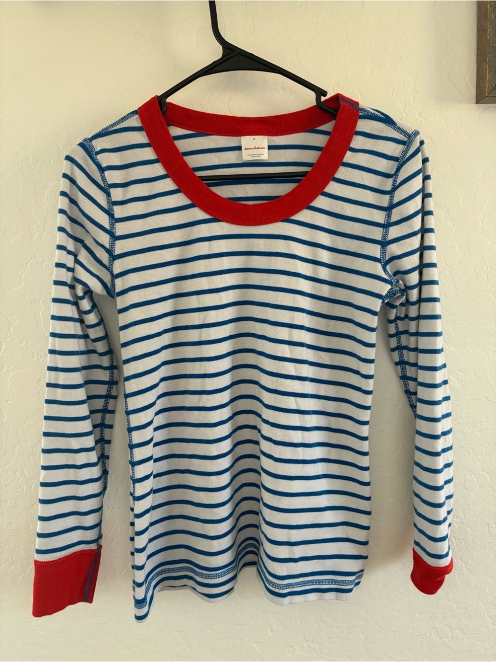Hanna Andersson Organic Cotton Long sleeve Top Blue/White Stripe Red Trim (M)